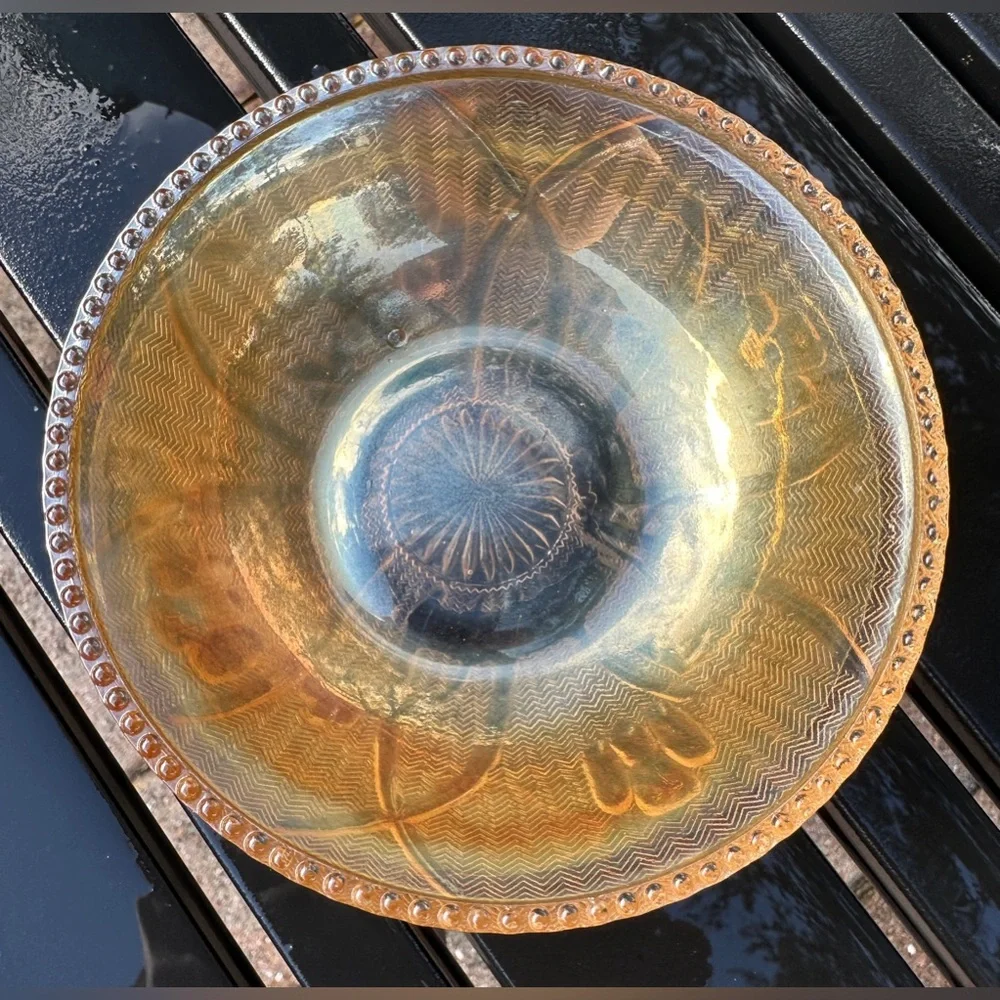 Carnival Glass Jeanette Iris & Herringbone Orange Iridescent Small Bowl VTG